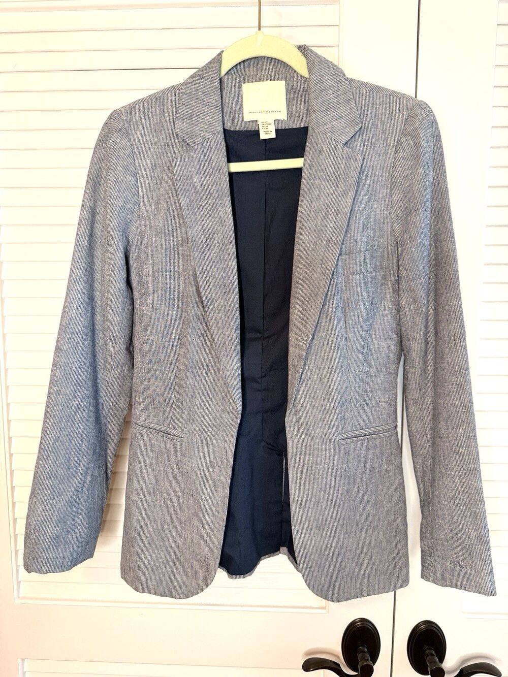 Mercer & Madison Blue White Linen Blend Blazer Womens XS Tailored Jacket